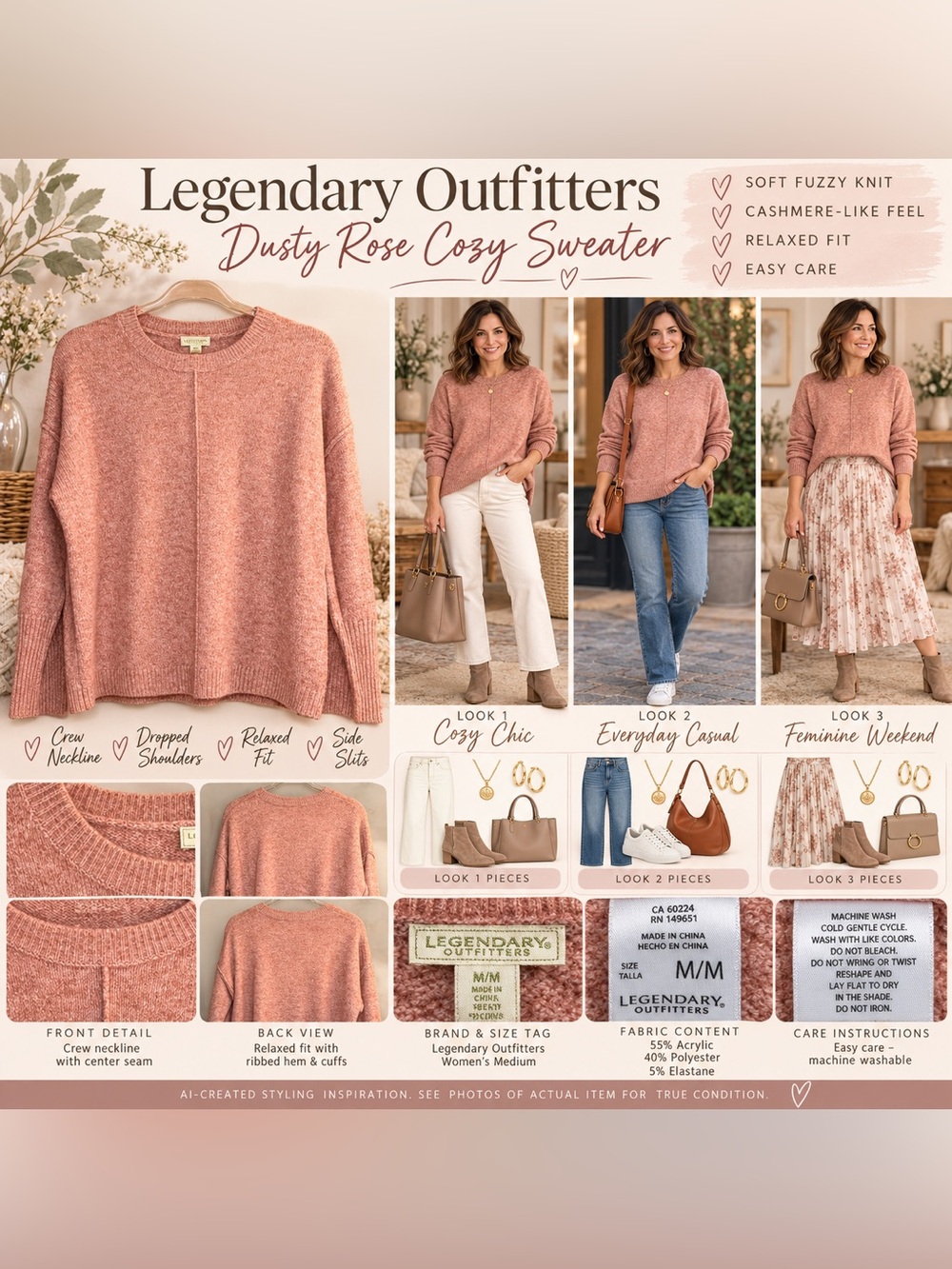Legendary Outfitters Dusty Rose Fuzzy Soft Knit Sweater M Cozy Oversized